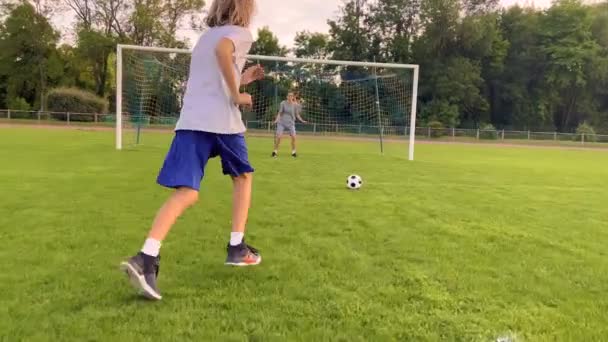 스포츠 선수가 조종하고 소년은 축구공에 던진다 경기에 어린이의 공원에서의 스포츠 — 비디오