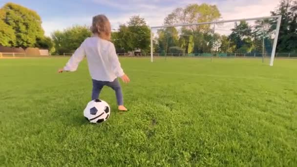 小孩儿在日落时踢足球 小孩儿在绿色的足球场上跑来跑去 踢着球 小女孩在草地上跑来跑去 学着踢着球 梦想着成为球队的足球运动员 — 图库视频影像