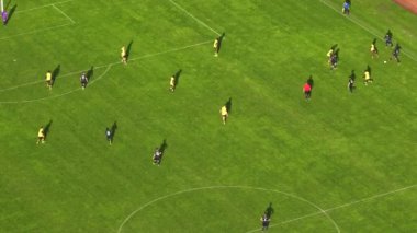 Stadyumda futbol şampiyonluğu maçı. Takımlar birinci lig futbol turnuvasında oynuyor, kupa yayınında. Spor kanalı televizyon oynatıcısı, ekran içeriği. Hava aracı görüntüsü taşınıyor..