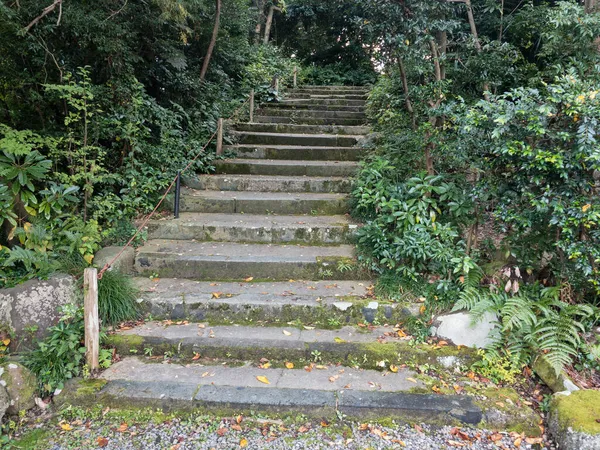 長い屋外階段は 金沢市の大山神社の正式な庭園の真ん中に丘を登っています — ストック写真