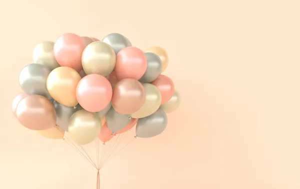 A bunch of pastel colored balloons on beige background. Empty space for birthday, party, promotion social media banners, posters. 3d render balloons