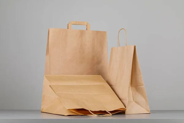 Brown Paper Bag Handles Empty Shopping Bag Area Your Logo — Stock Photo, Image