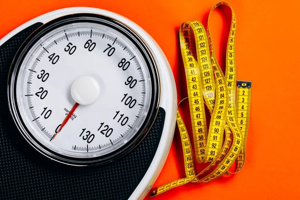 Scales Measuring Tape Top View Concept Excess Weight — Stock Photo, Image