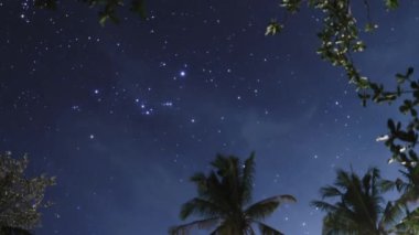 Tropiklerdeki yıldızlı gökyüzünün sakin gece sahnesi, alacakaranlıktaki romantik kozmik fantezi, Samanyolu yıldızları 