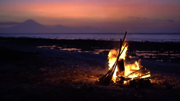 Камин после прекрасного заката в сумерках, фестиваль ночных развлечений на пляже, уютный вечер у воды — стоковое видео