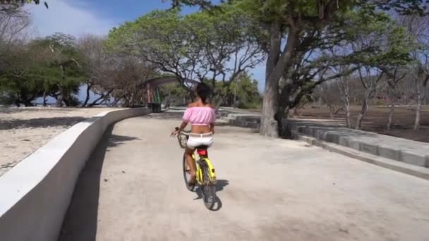 Viajar con una mujer encantadora en bicicleta en el parque, actividades de ocio en verano, excursiones — Vídeo de stock