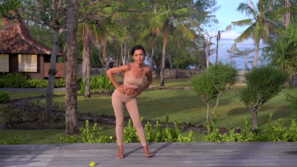 Fitness žena učitel ukazuje cvičení pro boky a záda, sportovní open-air lekce na wellness výlet — Stock video