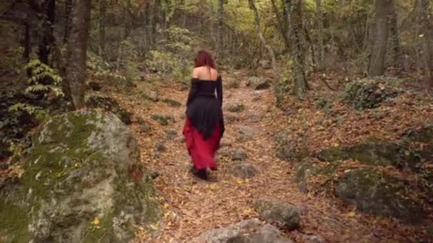 Misztikus vörös hajú nő az estélyi ruha sétál az arany erdő ösvényén, boszorkány varázslat koncepció — Stock videók