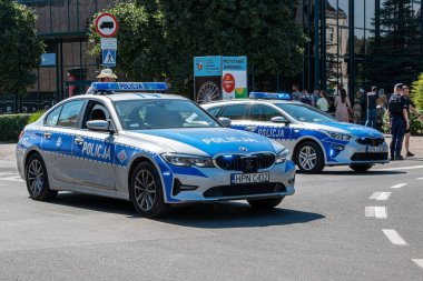 Gdansk, Poland - August 5, 2022: Polish police cars blocking the street in City Gdansk