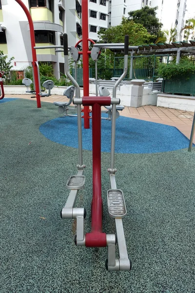 Exercise equipment in the public housing area.