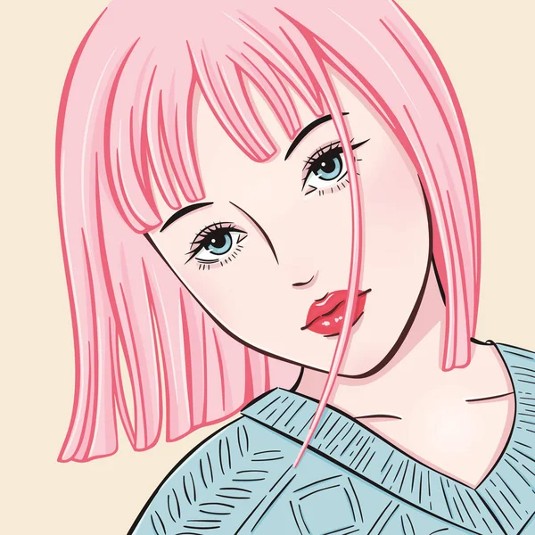 Pastel renkte bir kız portresi, karikatür, kısa saç modeli pembe saç, açık renk makyaj