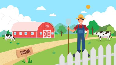 Çiftçi ve hayvan vektör illüstrasyonlu tarım arazisi. Ambar, saman, inek, çiftçi çocuk ve doğa manzaralı çiftlik alanı. Beyaz çit ve yolu olan çayırdaki insan çiftliği karakteri.