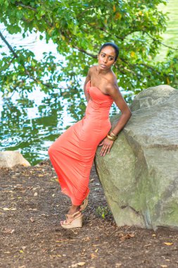 Çağdaş tarzda kırmızı askısız uzun bir elbise giyen genç ve güzel bir kız gölün kenarındaki kayalara yaslanıyor, dinleniyor ve düşünüyor.