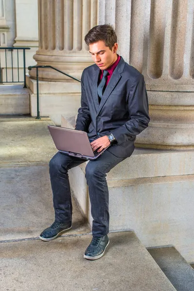 Dressing Red Undershirt Black Blazer Jeans Black Tie Young College — Stock Photo, Image