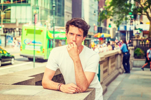 Portrait Innocent Young College Student Wearing White Shirt Hand Touching — ストック写真