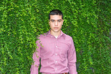 Aşk yeşili. Öğrenci portresi. Kırmızı desenli, uzun kollu gömlek giyen, duvarda uzun yeşil yapraklı genç bir adam, ciddi ciddi sana bakıyor. Çevre Koruma Konsepti