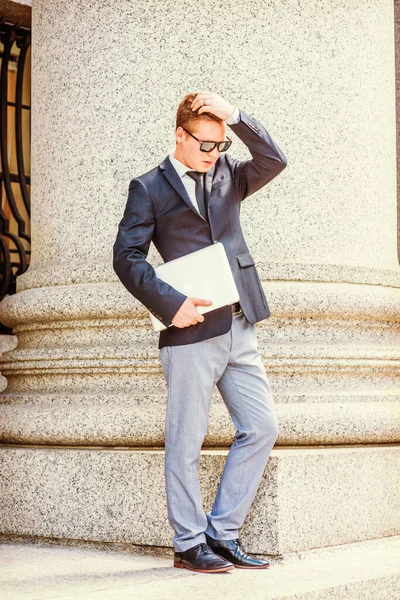 Dressing Black Blazer Tie Gray Pants Leather Shoe Wearing Mirror — Foto de Stock