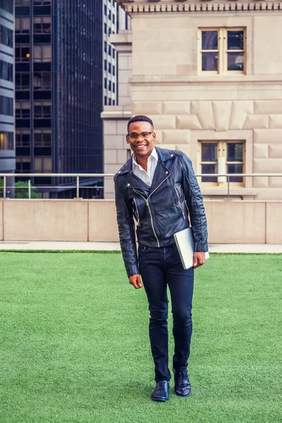 African American College Student Studying New York Wearing Black Leather — Stock Fotó