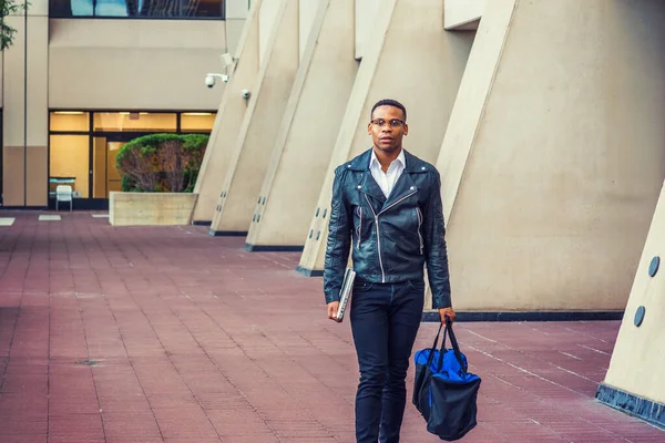Man Urban Casual Fashion Wearing Black Leather Jacket Jeans Leather — Stockfoto