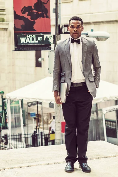 African American Businessman Working New York Wearing Gray Blazer Bow — Stock Fotó