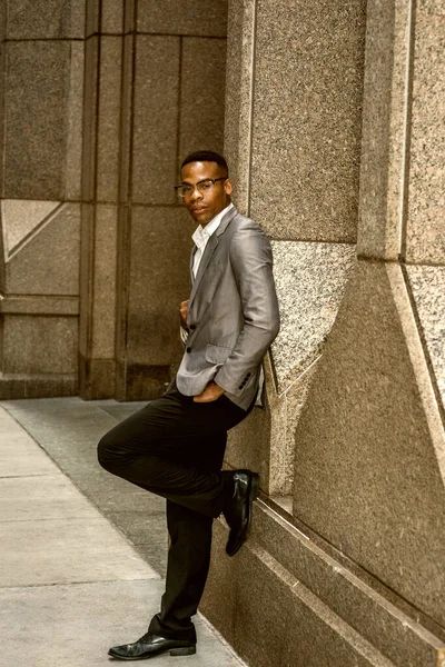 African American Businessman Working New York Dressing Gray Blazer Black — Stock Photo, Image