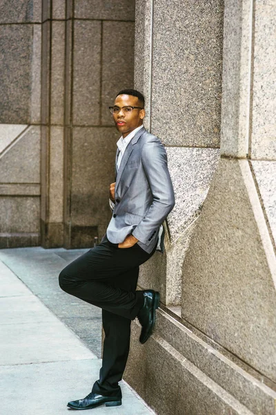 African American Businessman Working New York Dressing Gray Blazer Black — Stock Photo, Image