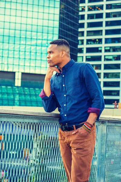 Young African American Man Grown Big City Wearing Blue Shirt — Stock Fotó