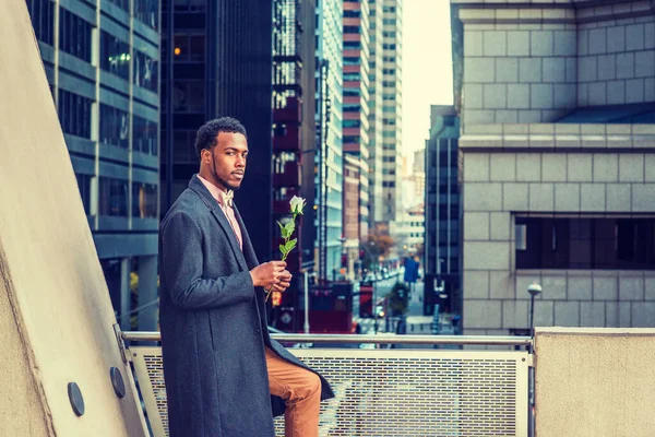 African American Man Seeking Love New York Wearing Woolen Overcoat — Stock Photo, Image