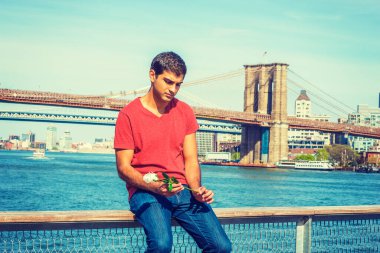 Özledim seni. Doğu Hint asıllı, V yaka tişörtlü, kot pantolonlu, nehir kenarındaki çitlerde oturan beyaz gülü seyreden, düşünen bir adam. Manhattan ve Brooklyn köprüleri arka planda. 