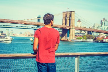 Seni özlüyorum, seni bekliyorum. Kırmızı tişört giyen Doğu Hintli adam, nehrin kenarında duruyor, elinde beyaz bir gül, geriye bakıyor. Manhattan ve Brooklyn köprüleri arka planda. 