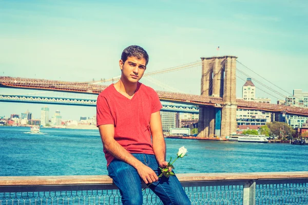 I miss you. Young East Indian American man wearing red V neck T shirt, jeans, sits on fence by river, holds white rose, looks around, thinks. Manhattan, Brooklyn bridges on background.
