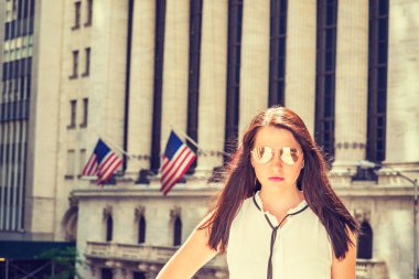 Sıcak bir yaz günü New York 'ta seyahat eden Amerikalı bir kadın. Beyaz yakalı, kolsuz tişörtlü, aynalı güneş gözlüklü, Amerikan bayraklı klasik bir bina.. 