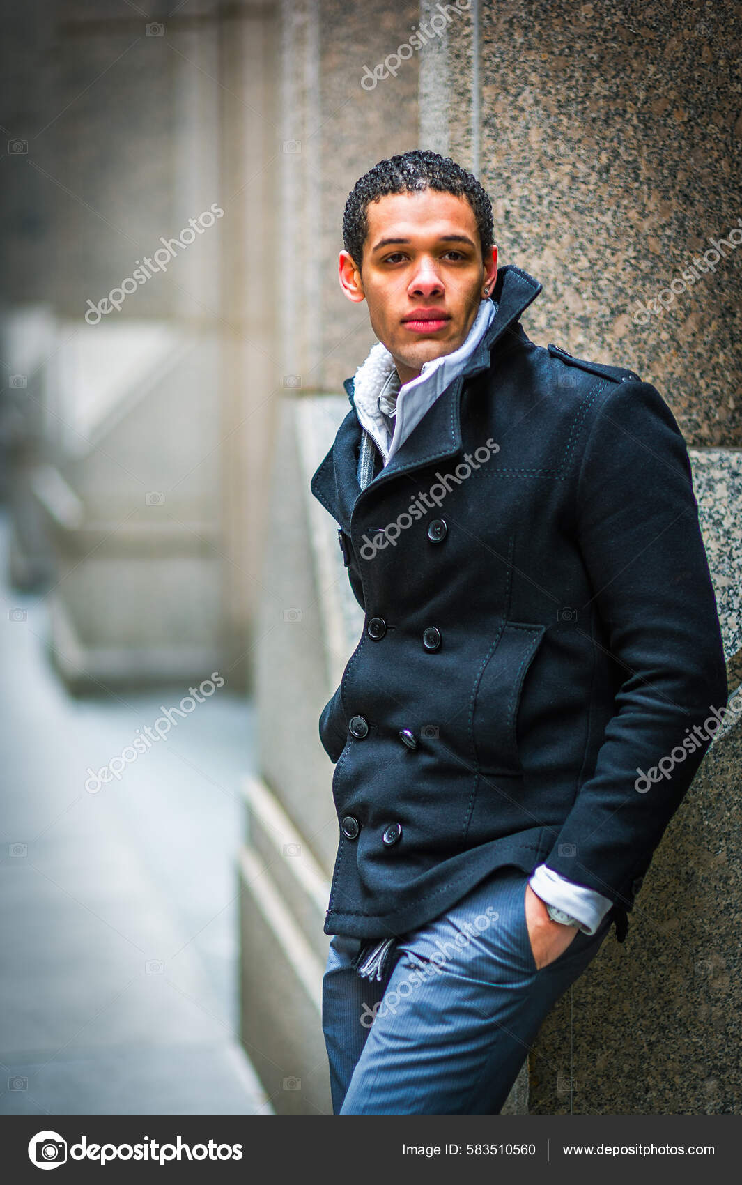 Cold Young Man Wearing Black Peacoat Hands Pocket Standing Street Stock Photo xcai 583510560