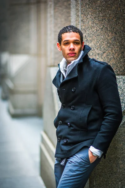 Cold Young Man Wearing Black Peacoat Hands Pocket Standing Street — Zdjęcie stockowe
