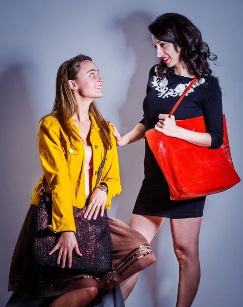 Two young beautiful women, one wearing long sleeve yellow corduroy jacket, dark brown mesh skirt, carrying leather bag, other wearing black dress, shoulder carrying red leather bag, talking other