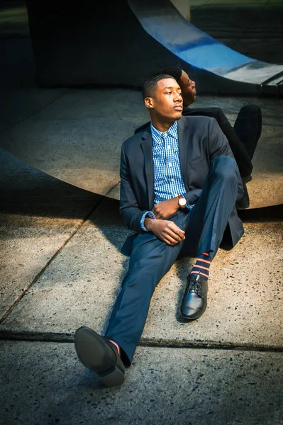 Tired Young Black Businessman Sitting Ground Leaning Mirror Wall Street — Foto de Stock