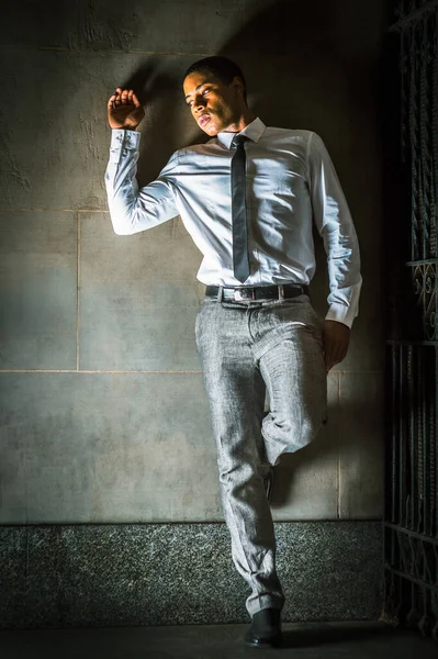 Wall Young Black Businessman Wearing White Shirt Gray Pants Leather — Foto de Stock