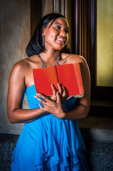 Reading Window Young Black Woman Holding Red Book Standing Window — Stok fotoğraf