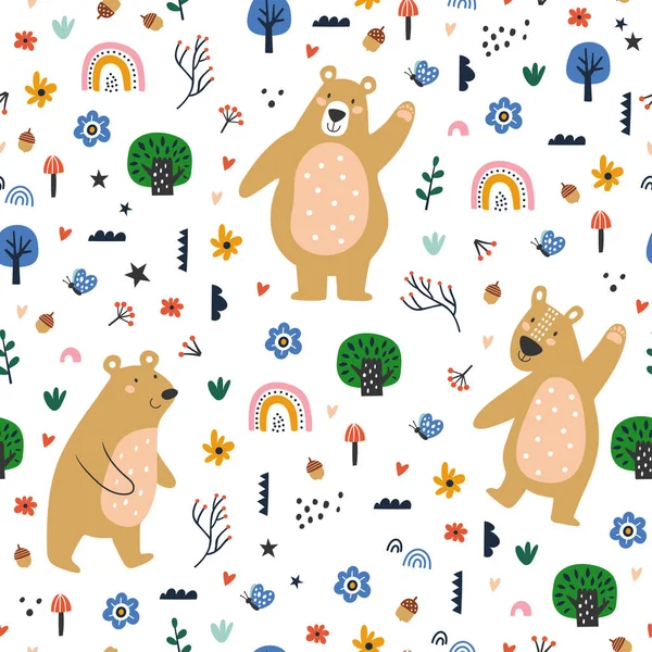 Nahtlos Kindliches Muster Mit Zeichentrickbär Und Waldelementen Kreative Kindertextur Für — Stockvektor