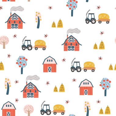 Seamless childish pattern with cute tractor, farm house, tree and haystack. Creative kids texture for fabric, wrapping, textile, wallpaper, apparel. Vector illustration