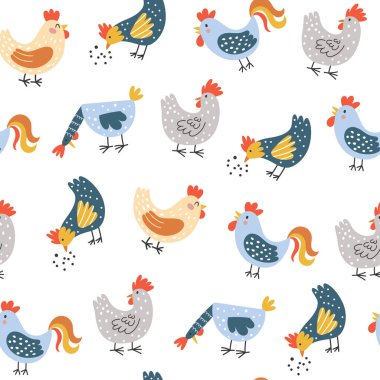 Seamless childish pattern with cute chicken and peacock. Creative kids texture for fabric, wrapping, textile, wallpaper, apparel. Vector illustration