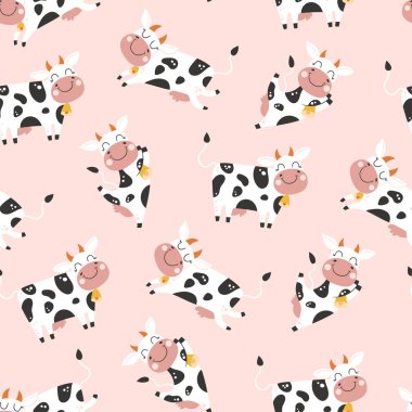 Seamless childish pattern with cute cow. Creative kids texture for fabric, wrapping, textile, wallpaper, apparel. Vector illustration