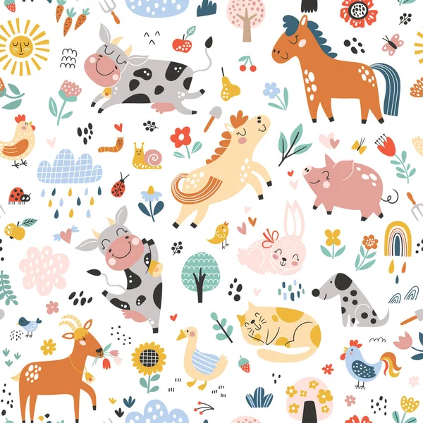 Seamless Childish Pattern Cute Farm Animals Creative Kids Texture Fabric — 스톡 벡터