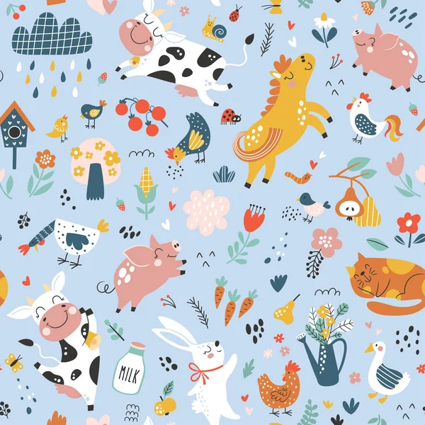 Seamless Childish Pattern Cute Farm Animals Creative Kids Texture Fabric — Stockový vektor