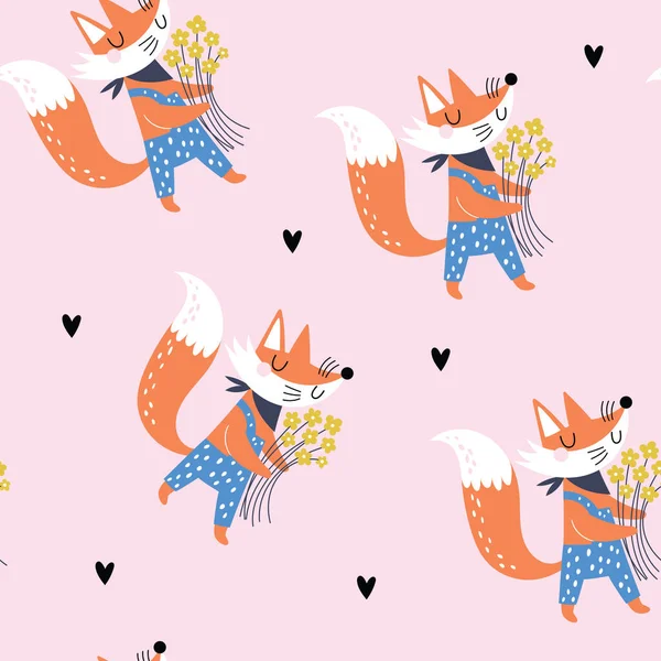 Seamless Childish Pattern Cartoon Fox Flowers Creative Kids Texture Fabric — стоковый вектор