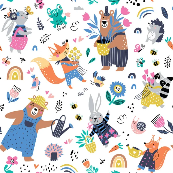 Seamless Childish Pattern Cartoon Fox Bear Racoon Bunny Squirrel Garden — Stockvektor