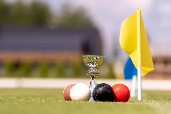 Set Colored Croquet Balls Winners Cup Green Lawn Game Closeup — Stock Photo, Image