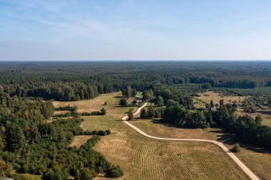 Ormanlı Letonya manzarası, çayırlar ve kır yolu, yukarıdan manzara