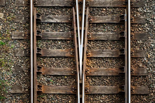Järnvägsspår Och Spårväxlar För Tågtrafik Närbild Ovanifrån — Stockfoto