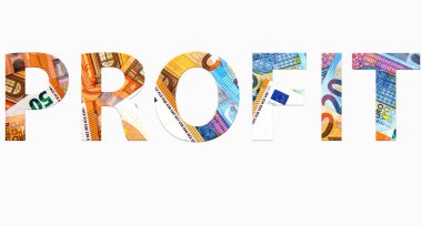 Avro banknotlarından elde edilen PROFIT kelimesi beyaz arkaplan ve para dokusuna izole edilmiş